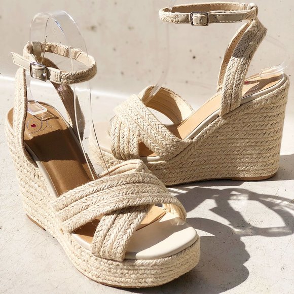 My Delicious Shoes Shoes - NEW Natural Jute Braid Straw Crisscross Strap Espadrille Platform Wedges Sandals